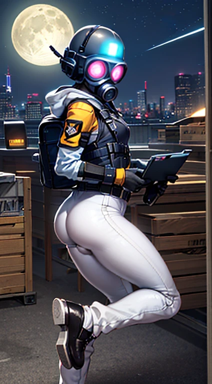 solo, 1girl, tomboy, gas mask, girl wearing gas mask, bullet proof vest, body armor, combine soldier, jump suit, white jump suit two tone clothes, shoulder armor, helmet, combat boots, blue urban camo, blue camo, cameltoe, science fiction, , wide hips, thicc, toned legs, muscular legs, curvy, armband, leg armor, military, sexy tight clothes, glowing eyes, small breasts, flat chest, ass, city, skyscraper, tower, military, wrench, jacket around waist, mechanic, mechanic girl, vehicle, apc, truck, humvee, waist coat, abs, athletic, sweat, night, stars, moon, (blue glowing eyes), flashlight, chest rig, holster, pistol holster, belt, submachine gun, metal crates, military crates, ammo box, laptop, laptop on table, grenade belt, backpack, radio on shoulder, hoodie down, city night, vest collar, toolbelt, screwdriver, hammer, tablet, holding weapon, holding gun,