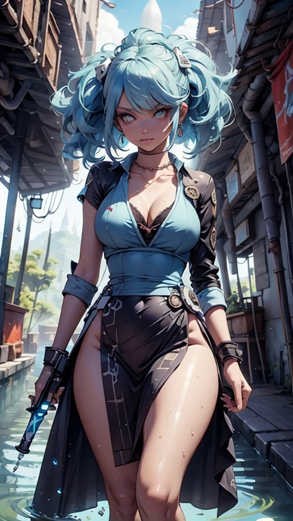 Jedi, Lightsaber, Tight tunics, legs, alien, curve, serious, Blue lightsaber, (Best quality)+, Masterpiece+Length of blue hair to the middle of the back, with a necklace and a blue dress and white, a halo of water over the head, Scales visible on the body and face, NSFW,pele ultra-realista,T-POSE, A-POSE,MODEL SHEET, 3d style, sexy