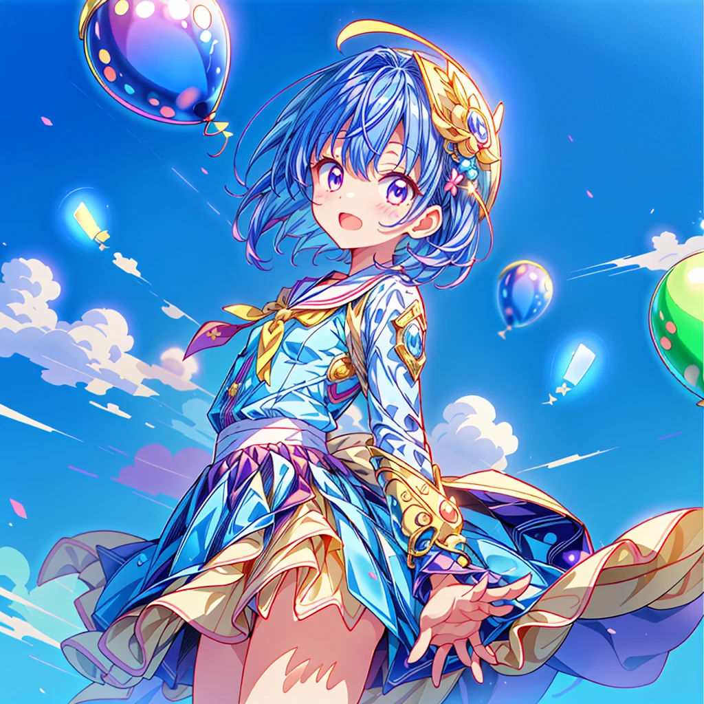 Little男の子、(((Highest quality、Masterpiece、Award-winning works、The best dynamic composition、Super detailed、Anime Style、Perfect Anatomy)))、Little、cute、Flying in the sky with lots of balloons、Wearing a blue costume、cute、Little、Heartwarming、kawaii tech,