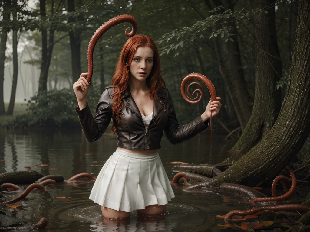 woods. warm lighting, 20 years old woman, (sensually drowning in a lake), ((white skirt)), Stockings with garters, leather jacket. (Tormented by lust:1.3), (emaciated face:1.3),  Copper-red hair, tentacles in the water, some tentacles are touching her, big tentacle sneak around, fantasy creatures, tentacles around, tentacles in the background, tentacle beast, tentacle monster, full body view, wet fluid, wet ground,fullframe