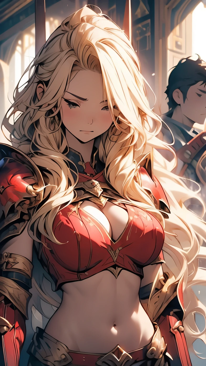 Golden wavy long hair、Sleepy expression、Embarrassing、female knight、Red metallic bikini、Gold Armor、(Huge breasts、Underideboob)、Absolute area、Camel toe、Belly button、NSFW、Shooting from below、sword