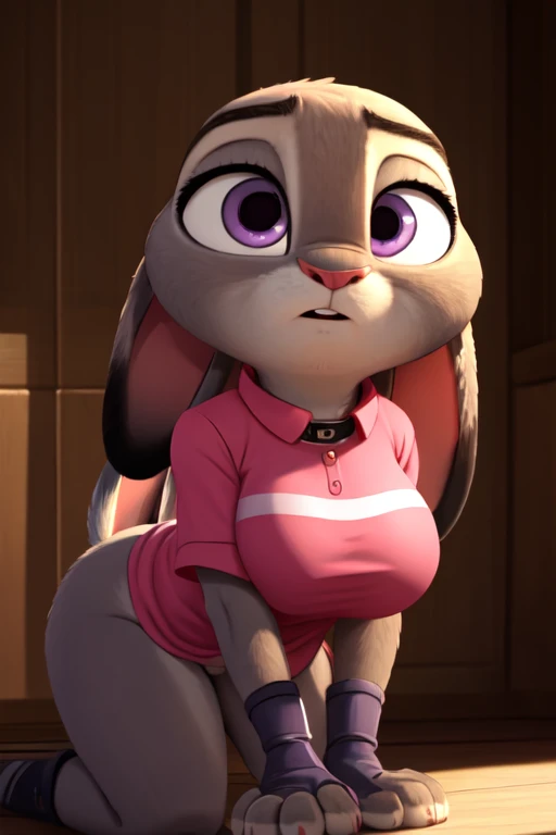 , perky breasts:1.4), (uploaded on e621,8k, raw photo,High resolution,high quality), ((masterpiece)), female, ((thin judy hopps)), (wear a cute shirt), crawling, They are over, pink collar, (cola) (cinematic lighting), backlighting, ashamed, humiliated, (shading), decolaed background, by dagasi, (by personals), beautiful purple eyes, thick leather gloves, leather cuffs, very big breasts, nude