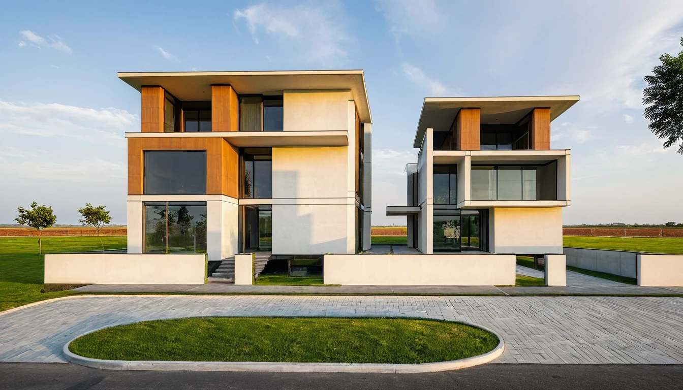 Masterpiece, high quality, best quality, authentic, super detail, outdoors, twostoreyvillaXL, aiaigroup, house style modern on the street, (white wall), road, pavement, grass, trees, sky, cloud, (daylight:1.1),
