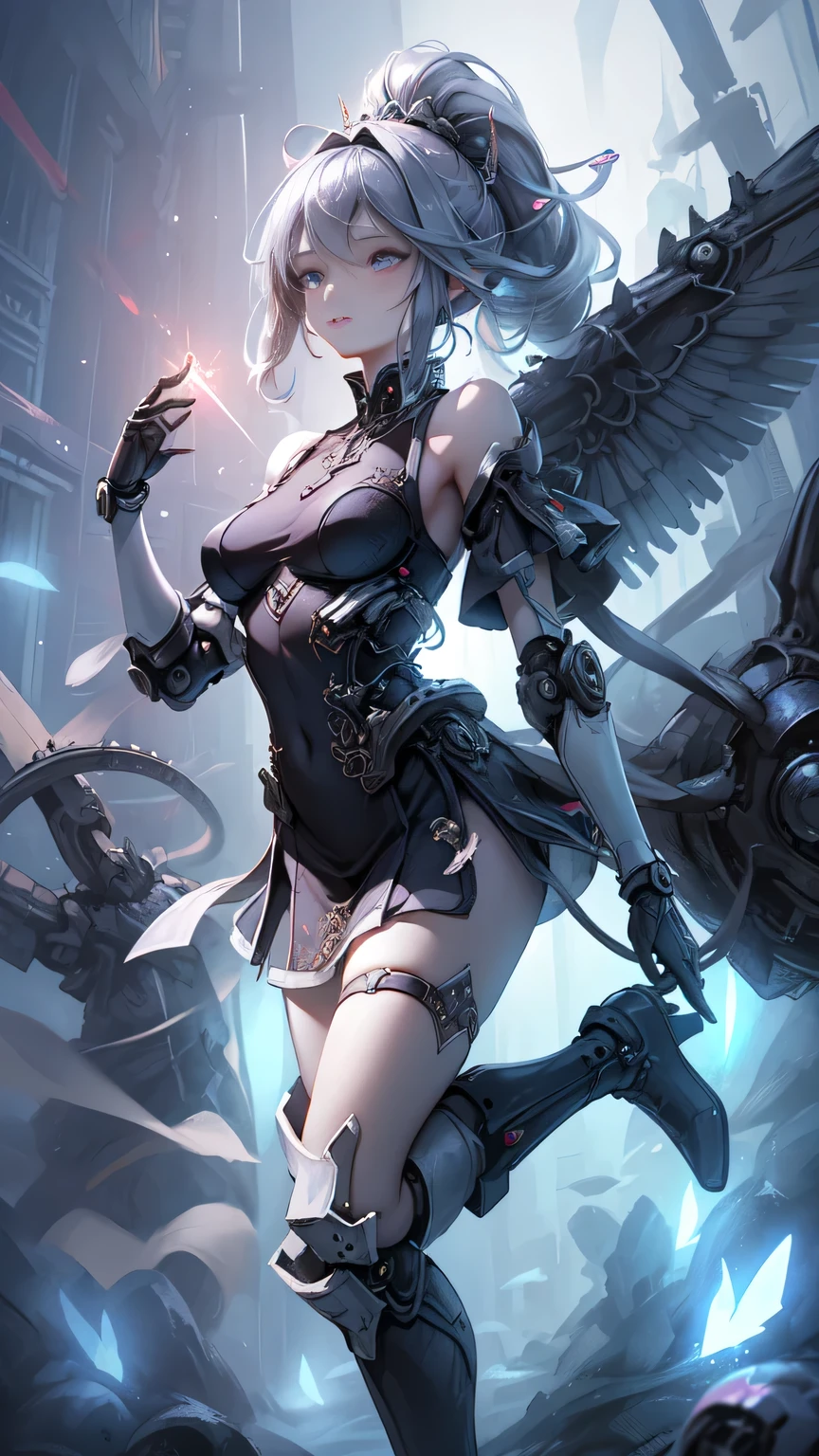 ((Highest quality)), ((Truly a masterpiece)), ((Ultra-detailed:1.4)), ((Ultra-Photorealistic 3D)), Android Magical Girl, Mechanical body, Dynamic action poses for battle scenes, Very complex and heavy fighter aircraft mechanical armament, Off-the-shoulder fashion that combines steampunk and gothic ta with attention to detail, Intricate steampunk headgear, Very thin、Over-the-knee reggae mechanical boots、Fluttering lace flare mini skirt、 Beautiful small breasts directed upwards、Swaying in the Wind、Long, curly silver hair,、Countless large, shining spheres fly around、Lots of sparks cross and fly、Countless neon lights pouring down from the magical pose、Complex and precise mechanical Night City、Very dark background、Very dramatic and cinematic lighting、Big wings on the back8Growing in Sheets。