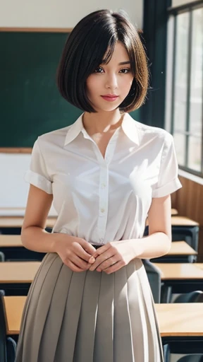 27-year-old female teacher stands in a classroom with a poised and confident expression. She has a sleek bob haircut with straight, black hair framing her face. She is dressed in a white, short-sleeved blouse with a modest neckline, paired with a high-waisted, pleated grey skirt. The background features rows of wooden desks and chairs, arranged neatly in the classroom setting. Soft, natural light streams in from the windows, casting gentle shadows and creating a serene atmosphere. The woman is positioned slightly to the side, giving a subtle, elegant pose, with her hands delicately clasped in front of her.