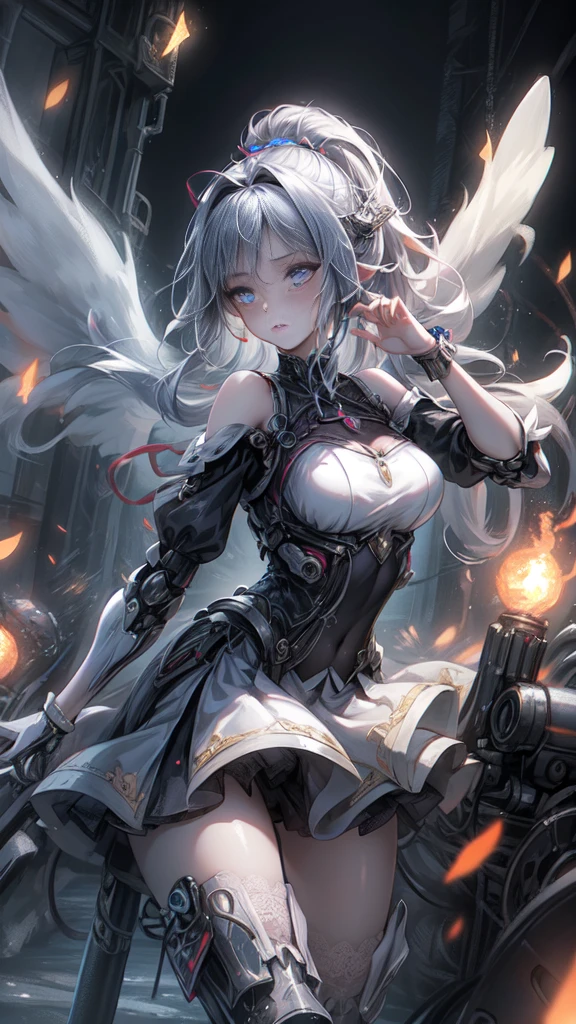 ((Highest quality)), ((Truly a masterpiece)), ((Ultra-detailed:1.4)), ((Ultra-Photorealistic 3D)), Android Magical Girl, Mechanical body, Dynamic action poses for battle scenes, Very complex and heavy fighter aircraft mechanical armament, Off-the-shoulder fashion that combines steampunk and gothic lolita with attention to detail, Intricate steampunk headgear, Very thin、Over-the-knee reggae mechanical boots、Fluttering lace flare mini skirt、 Beautiful small breasts directed upwards、Swaying in the Wind、Long, curly silver hair,、Countless large, shining spheres fly around、Lots of sparks cross and fly、Countless neon lights pouring down from the magical pose、Complex and precise mechanical Night City、Very dark background、Very dramatic and cinematic lighting、Big wings on the back8Growing in Sheets。