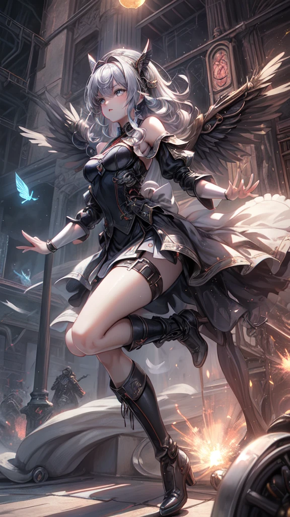 ((Highest quality)), ((Truly a masterpiece)), ((Ultra-detailed:1.4)), ((Ultra-Photorealistic 3D)), Android Magical Girl, Mechanical body, Dynamic action poses for battle scenes, Very complex and heavy fighter aircraft mechanical armament, Off-the-shoulder fashion that combines steampunk and gothic ****ta with attention to detail, Intricate steampunk headgear, Very thin、Over-the-knee reggae mechanical boots、Fluttering lace flare mini skirt、 Beautiful small breasts directed upwards、Swaying in the Wind、Long, curly silver hair,、Countless large, shining spheres fly around、Lots of sparks cross and fly、Countless neon lights pouring down from the magical pose、Complex and precise mechanical Night City、Very dark background、Very dramatic and cinematic lighting、Big wings on the back８Growing in Sheets。
