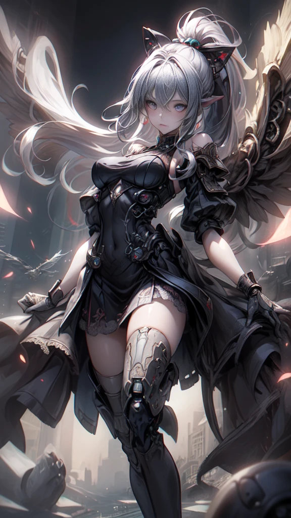 ((Highest quality)), ((Truly a masterpiece)), ((Ultra-detailed:1.4)), ((Ultra-Photorealistic 3D)), Android Magical Girl, Mechanical body, Dynamic action poses for battle scenes, Very complex and heavy fighter aircraft mechanical armament, Off-the-shoulder fashion that combines steampunk and gothic lolita with attention to detail, Intricate steampunk headgear, Very thin、Over-the-knee reggae mechanical boots、Fluttering lace flare mini skirt、 Beautiful small breasts directed upwards、Swaying in the Wind、Long, curly silver hair,、Countless large, shining spheres fly around、Lots of sparks cross and fly、Countless neon lights pouring down from the magical pose、Complex and precise mechanical Night City、Very dark background、Very dramatic and cinematic lighting、Big wings on the back８Growing in Sheets。
