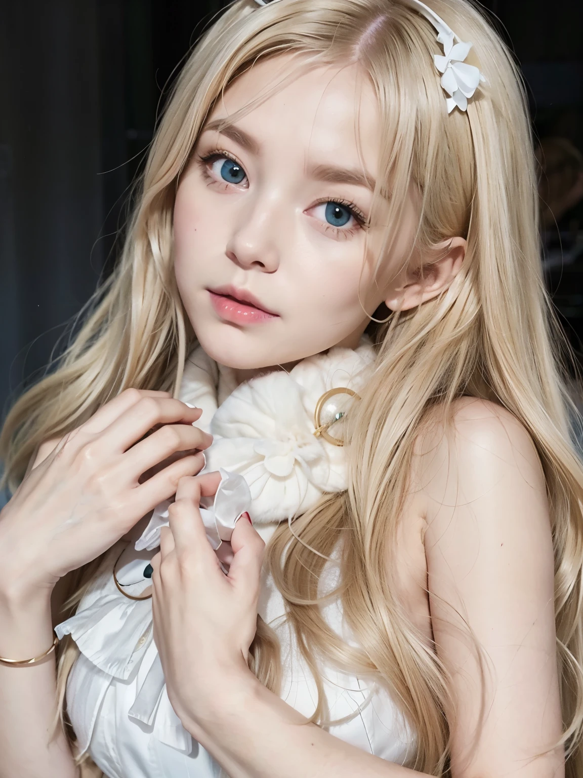Arape with long blonde hair and white fur collar, 긴 blonde hair and big eyes, Belle Delphine, long blonde hair and big eyes, very beautiful cute cat girl, Shikamimi, long gray hair and bangs, ultrarealistic sweet bunny girl, Larissa Manoval, with long white hair, White hime cut hairstyle, blonde hair and big eyes