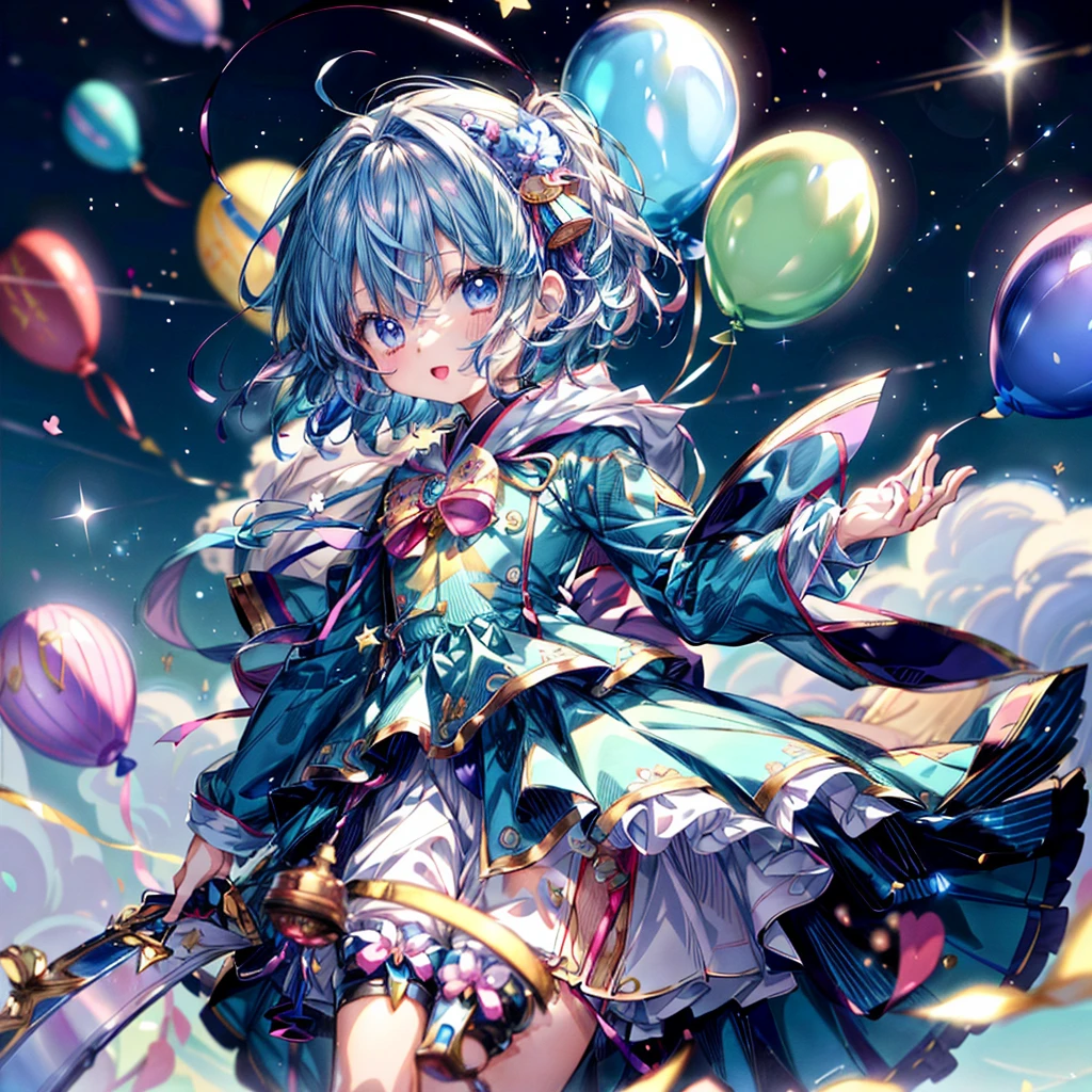 Absurd、Little男の子、(((Highest quality、Masterpiece、Award-winning works、The best dynamic composition、Super detailed、Anime Style、Perfect Anatomy)))、Little、cute、Flying in the sky with lots of balloons、Wearing a blue costume、cute、Little、Heartwarming、kawaii tech,