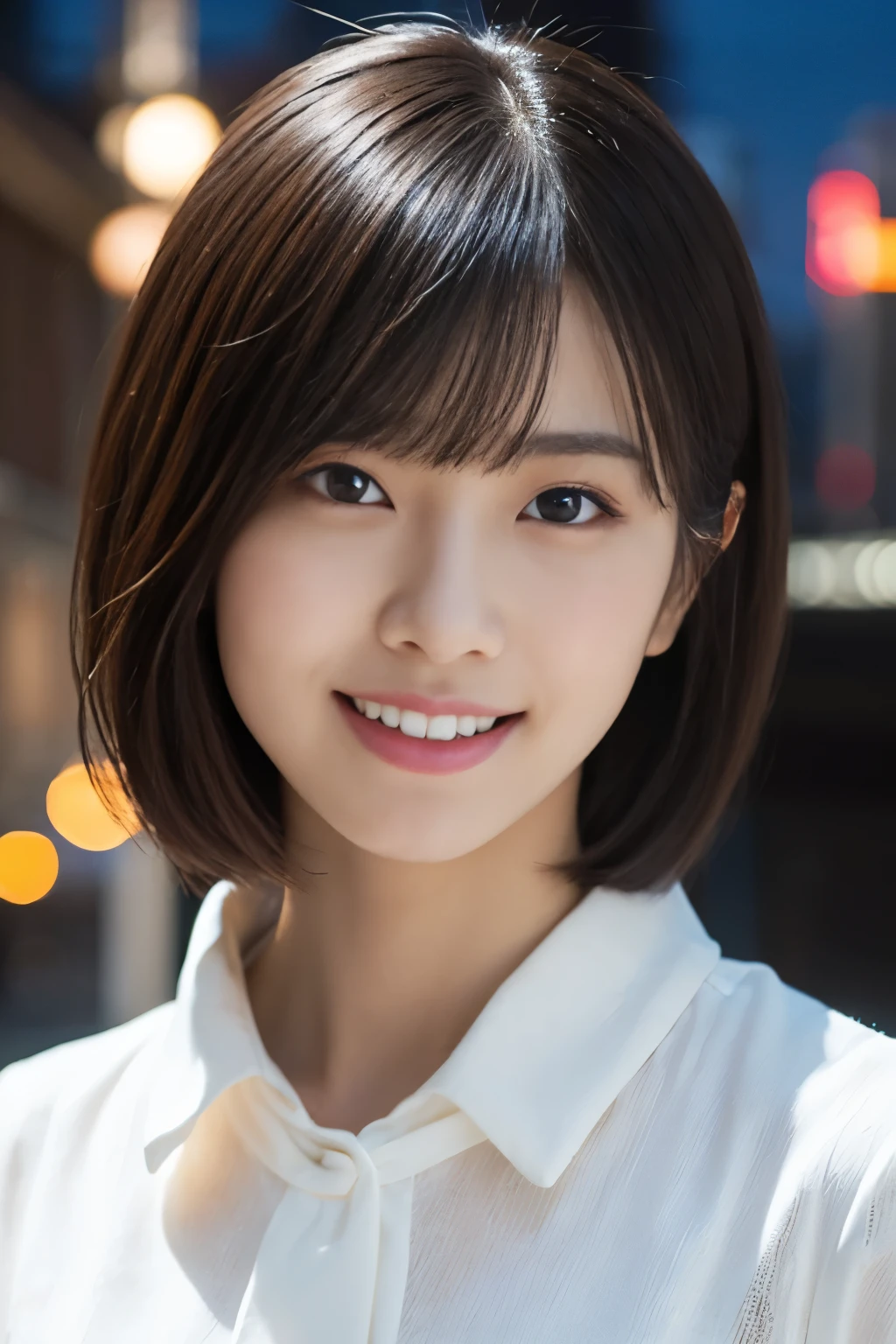 One girl, (Wearing a white blouse:1.2), (RAW Photos, Highest quality), (Realistic, Photorealistic:1.4), Tabletop, Very delicate and beautiful, Very detailed, 2K Wallpaper, wonderful, finely, Very detailed CG Unity 8K 壁紙, Ultra-detailed, High resolution, Soft Light, Beautiful detailed girl, Very detailed目と顔, Beautifully detailed nose, Detailed and beautiful eyes, Cinematic lighting, City lights at night, Perfect Anatomy, short hair, bangs, Slender body, smile