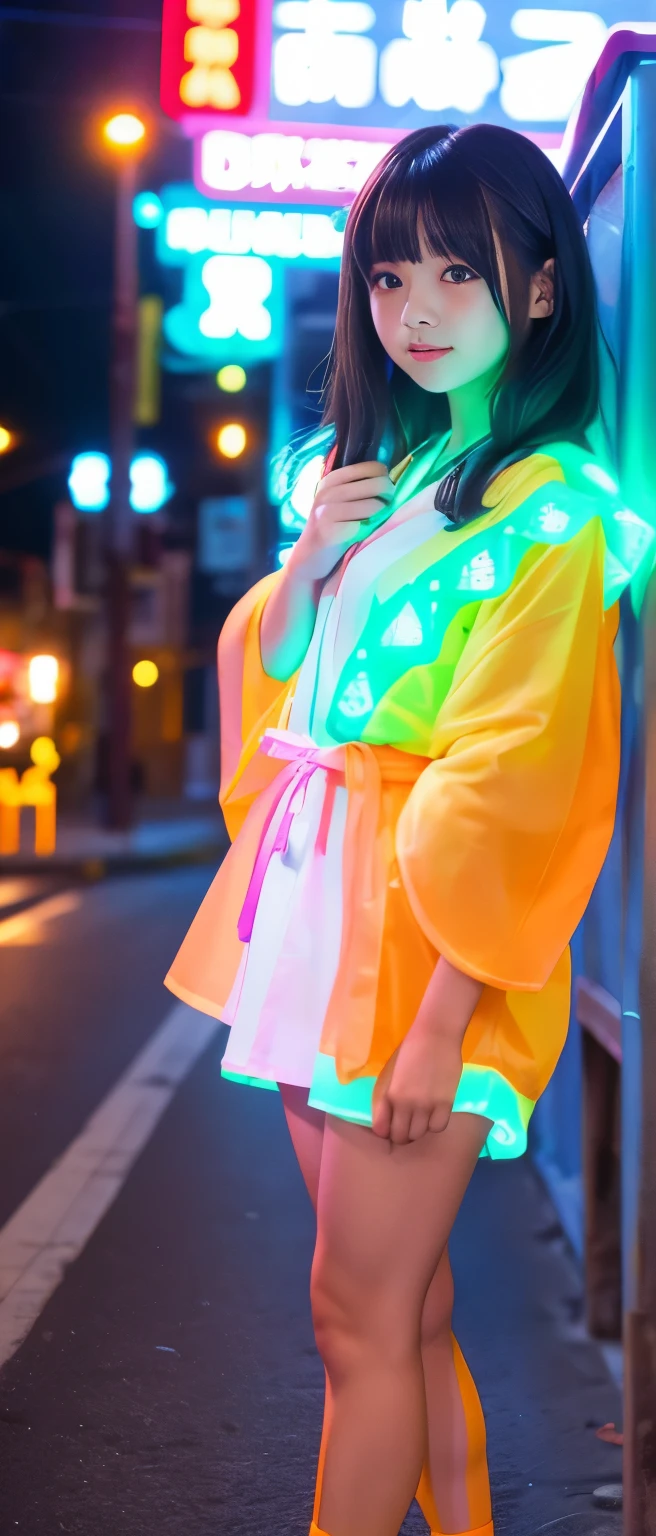 Cute Teen Idol Girl、whole body、Good style、、、、、、、、、、Thick legs、Glowing fluorescent kimono dress（Red、blue、yellow、green、orange）、、Cool girl face、、