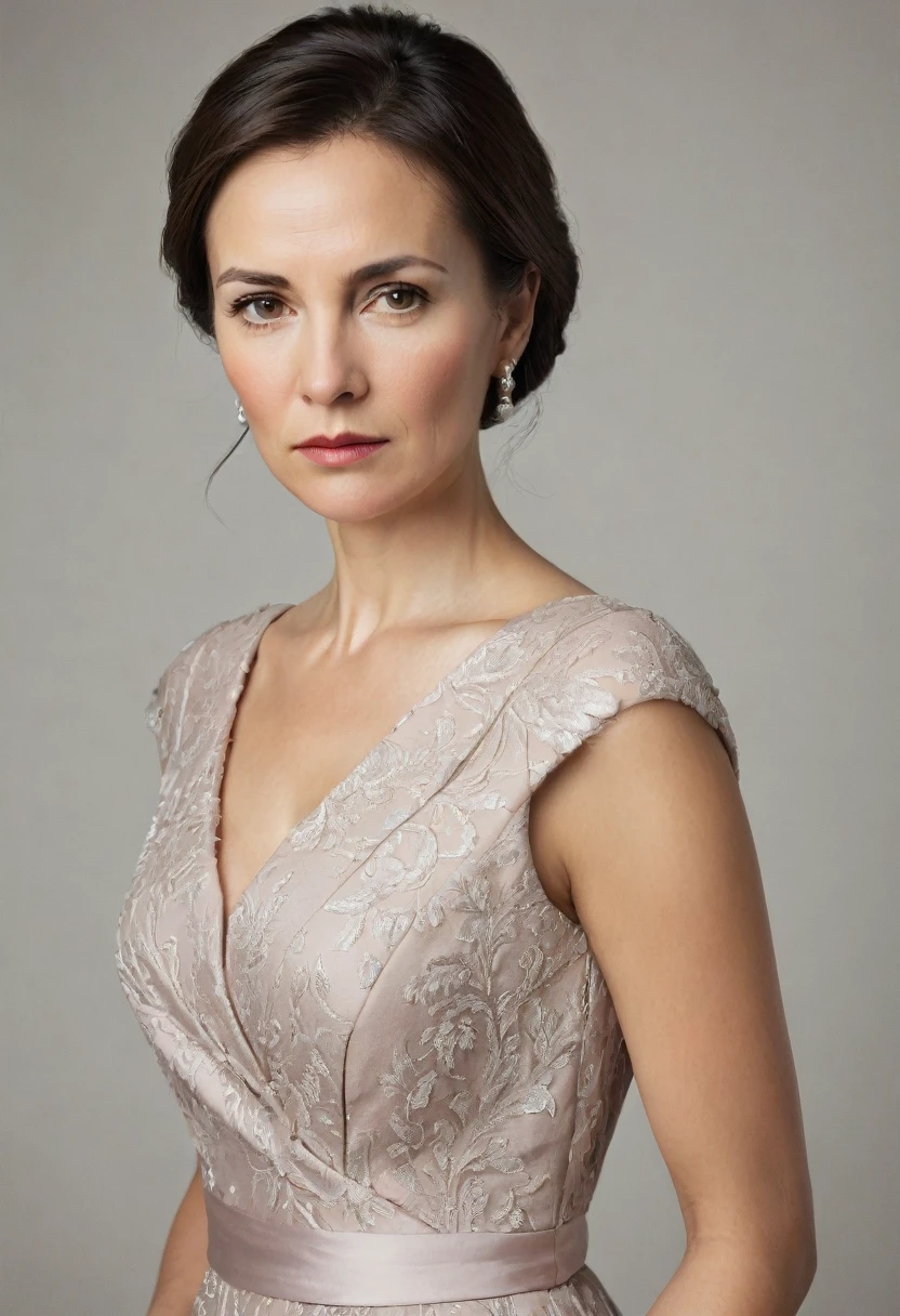 CAUCASIAN WOMAN, in his 30s, with an elegant dress, with a serious expression on his face 