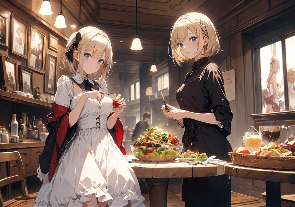 Realistic photos, Focus distance 10mm, Red and white, Beautiful girl, Realistic photos, Shooting at focus distance 10mm, masterpiece, 最high quality, high quality, Very detailed CG 8k wallpaper unit, Award-winning photography, Depth of written boundary, High resolution, bloom, chromatic aberration, Realistic, Very detailed, Art Station Trends, CGsociety Trends, Complex, High detail, dramatic, Art on the go, volumetric lighting, Salad A beautiful girl in a casual, refreshing dress is enjoying a fresh salad. In the background is an elegant table setting in a fine dining restaurant. The girl has short blonde hair and bright blue eyes