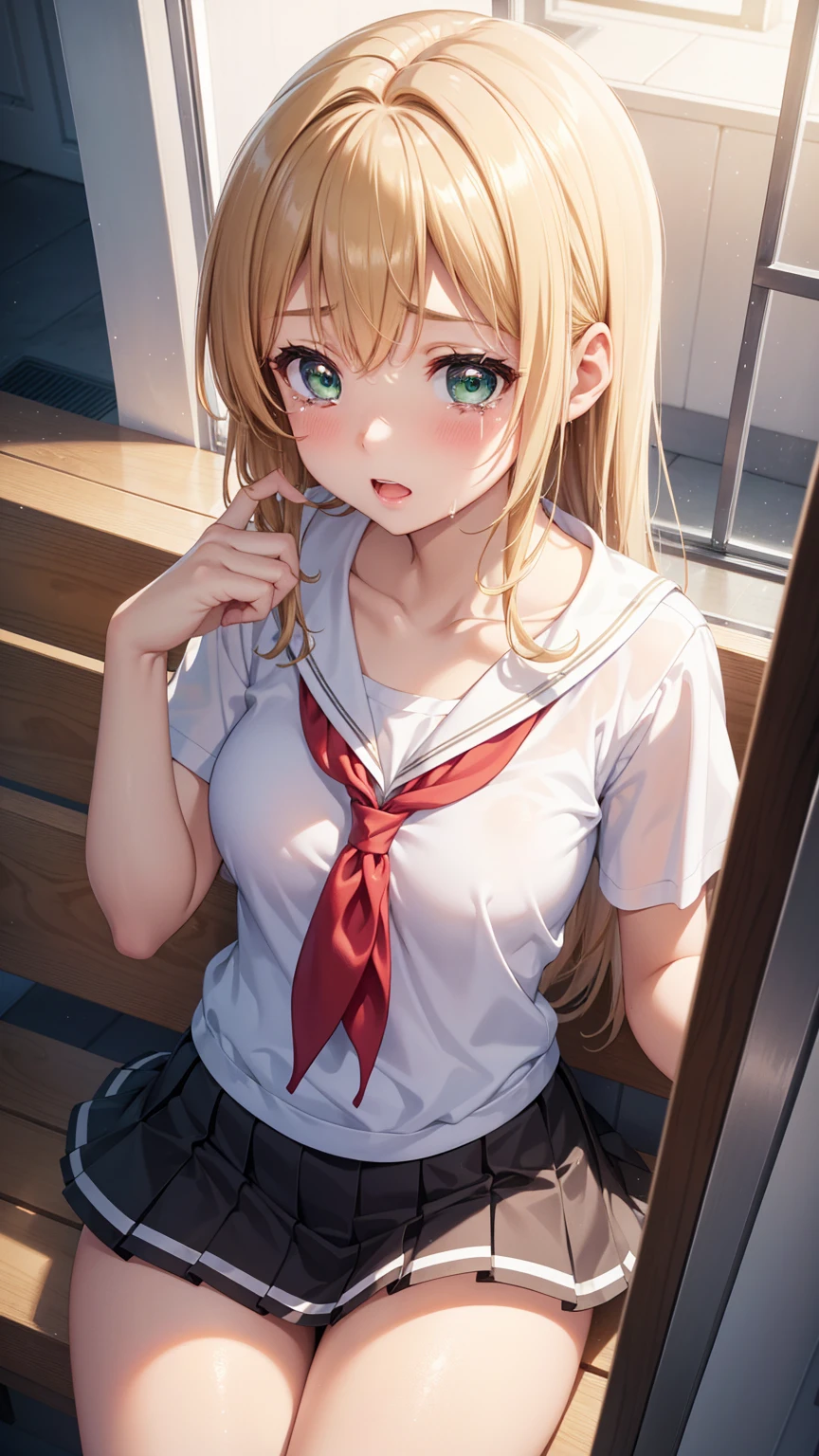 1girl, natural lighting, masterpiece, highly detailed, illustration, game CG, absurdres, high quality, kinomoto sakura, (18 year old girl), medium breasts, beautiful detailed eyes, glossy lips, natural lighting, short fluffy blonde hair, messy hair, green eyes, school, hallway, locker, white shirt, collarbone, black pleated miniskirt, from above,,masterpiece,best quality,dutch angle,Ultra detailed,8K,realistic,ultra detailed,highly detailed,physics-based rendering,cinematic lighting,1girls,,naked,crying,pussy, cum,train,on seat,long hair,naked,blank look,The girl has semen all over her body,The girl has semen all over her body,(The girl has semen all over her body),