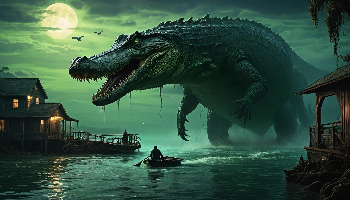 a picture, taken from a boathouse with a giant crocodile, that comes out of the water, Lovecraftian atmosphere, Cthulhu rises from the ocean, Lovecraftian background, Lovecraftian landscape, inspired by Lovecraft, inspired by H.p. Lovecraft, where Lovecraftian horrors roam, lovecraftian horror!, Lovecraft-Horror, lovecraftian horror, lovecraftian horror!!