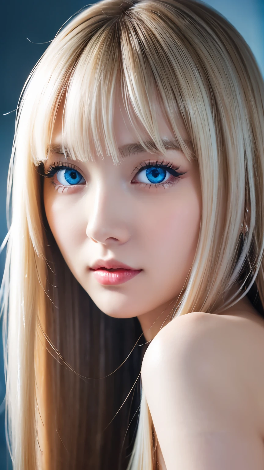 Unparalleled beauty, Glossy, firm and shiny skin, Bangs between the eyes, Beautiful shiny, straight platinum blonde, Super long straight silky hair, eyeliner, sexyで美しい無邪気な20歳, High resolution, Very bright and beautiful large glowing light blue eyes、Very big eyes、Beautiful and lovely girl, ((Huge ))、((erotic、sexy、超High resolution、The lighting is bright、Precise needles without discomfort))、