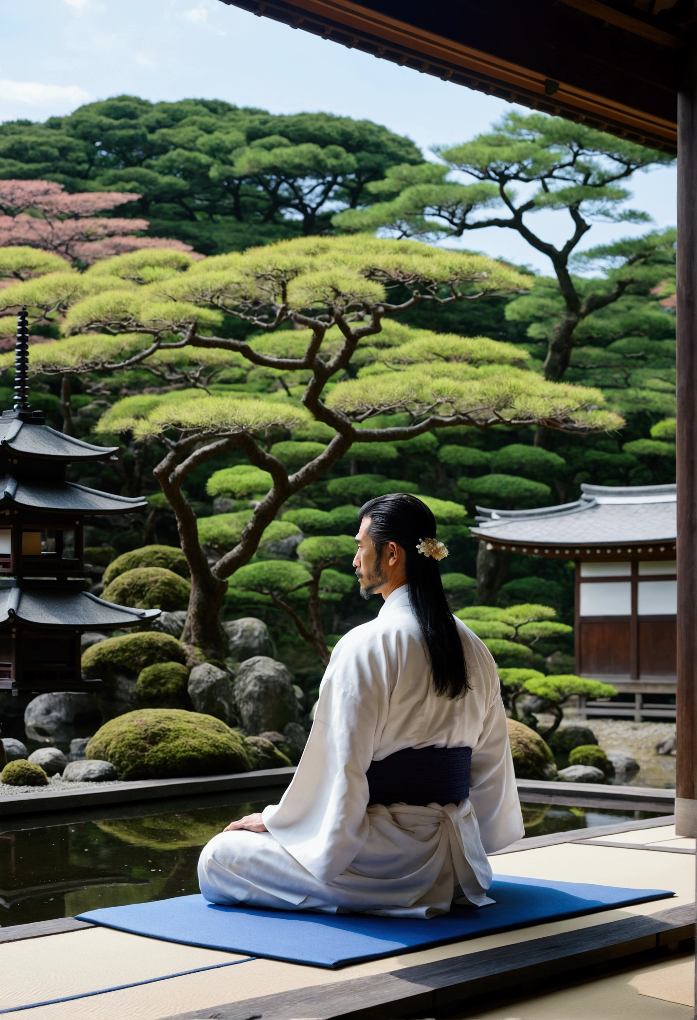 A man in a white kimono sitting on a mat in front of a pond, Inspired by Sesshu Toyo, Japanese style, Traditional Japanese, Inspired by Shosen-in Kano, Ancient Japanese architecture, Ancient Japanese monks, In the Japanese garden, Inspired by Shoen Uemura, The aesthetics of travel in Japan, Japanese Temples, Japan legacy、High ground、A Japanese garden with a view into the distance、background、