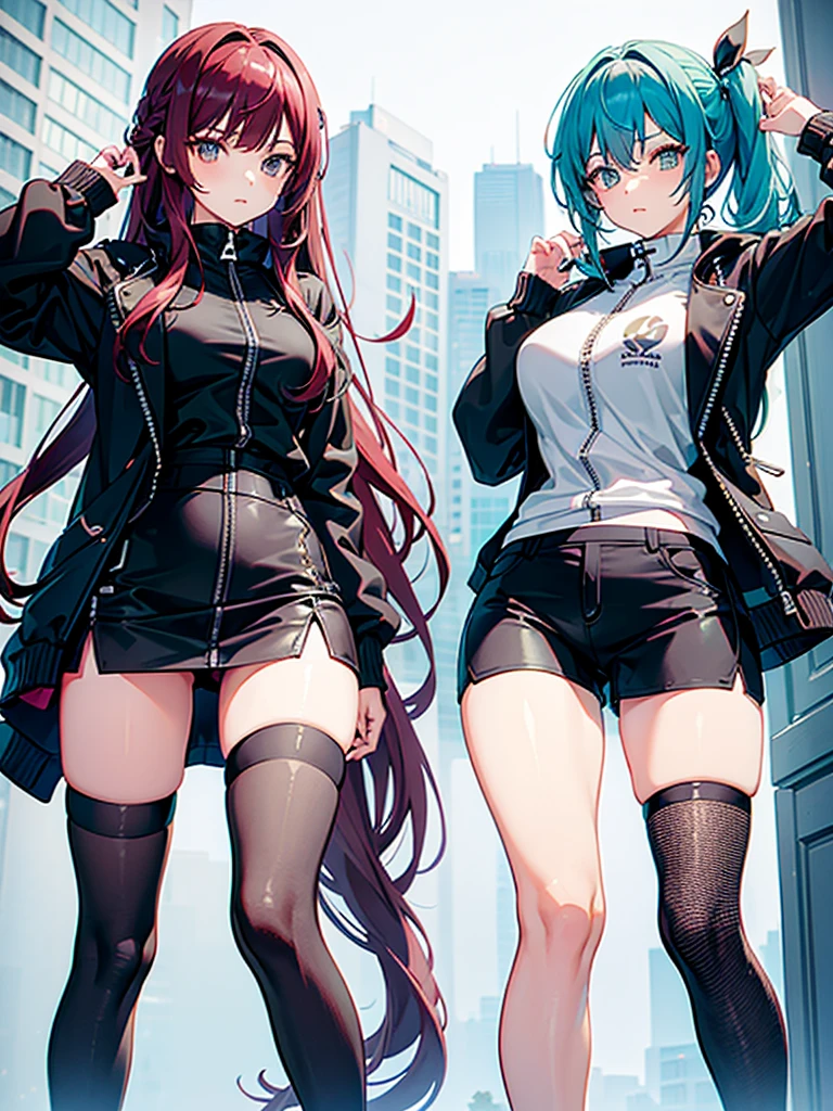 two girls,Hair color random,Random hairstyle,tights,((Super detailed zipper)),Short skirt,(shorts),((Stylish style)),dynamic poses