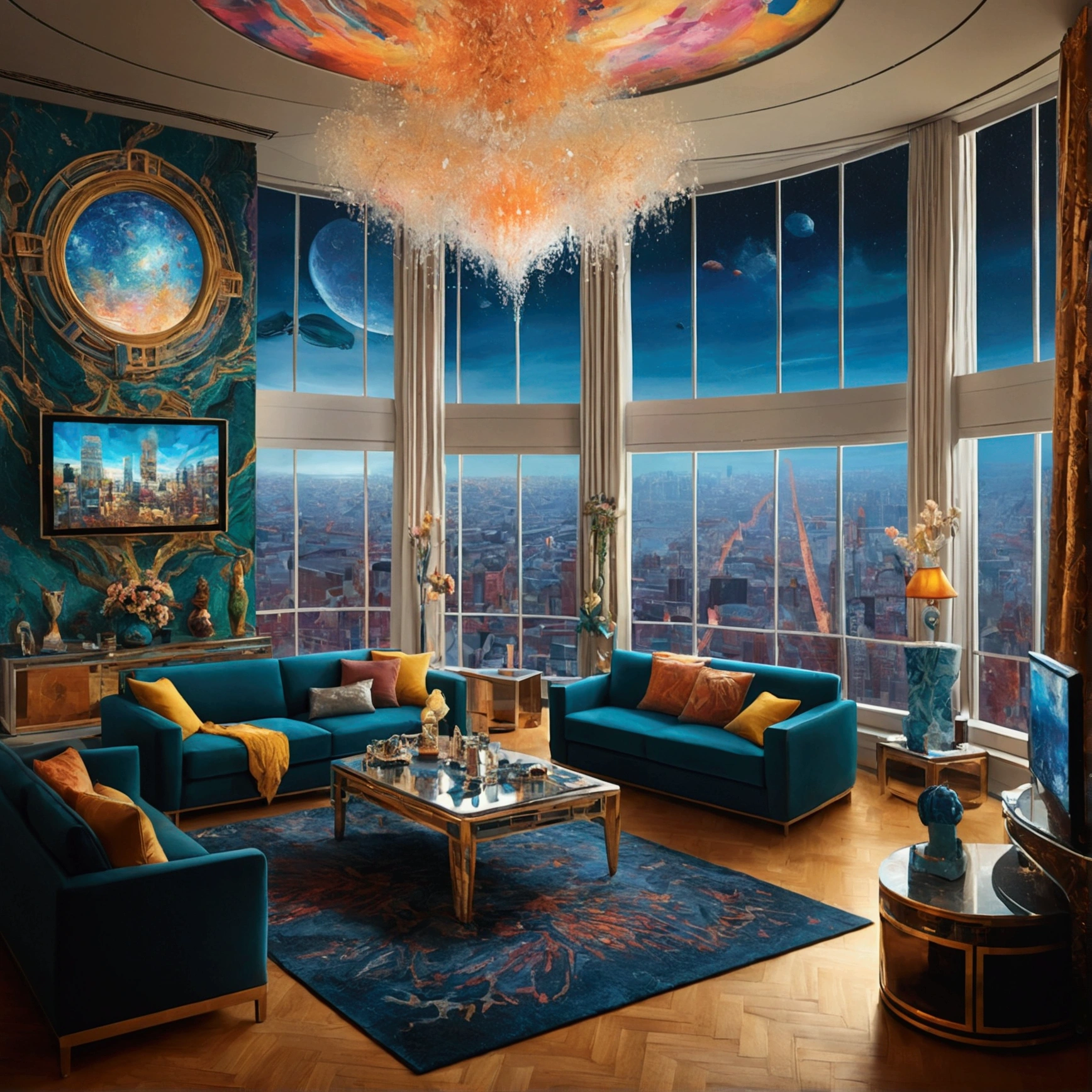 Illustrate a futuristic impressionist scene inspired by Robert Silverberg’s ‘The World Inside.’ The image should depict an apartment typical of the novel’s massive urban monads, characterized by excessive luxury and technological advancements. Inside, a group of influencers is seen partying, capturing themselves on various devices amidst opulent decor and high-tech features. Through the large windows, the outside world reveals an apocalyptic scene, contrasting sharply with the lavish interior. The artwork should combine these elements with a surreal, dreamlike quality, using impressionist techniques to convey a sense of both extravagance and looming chaos.”Œuvre d'art, 