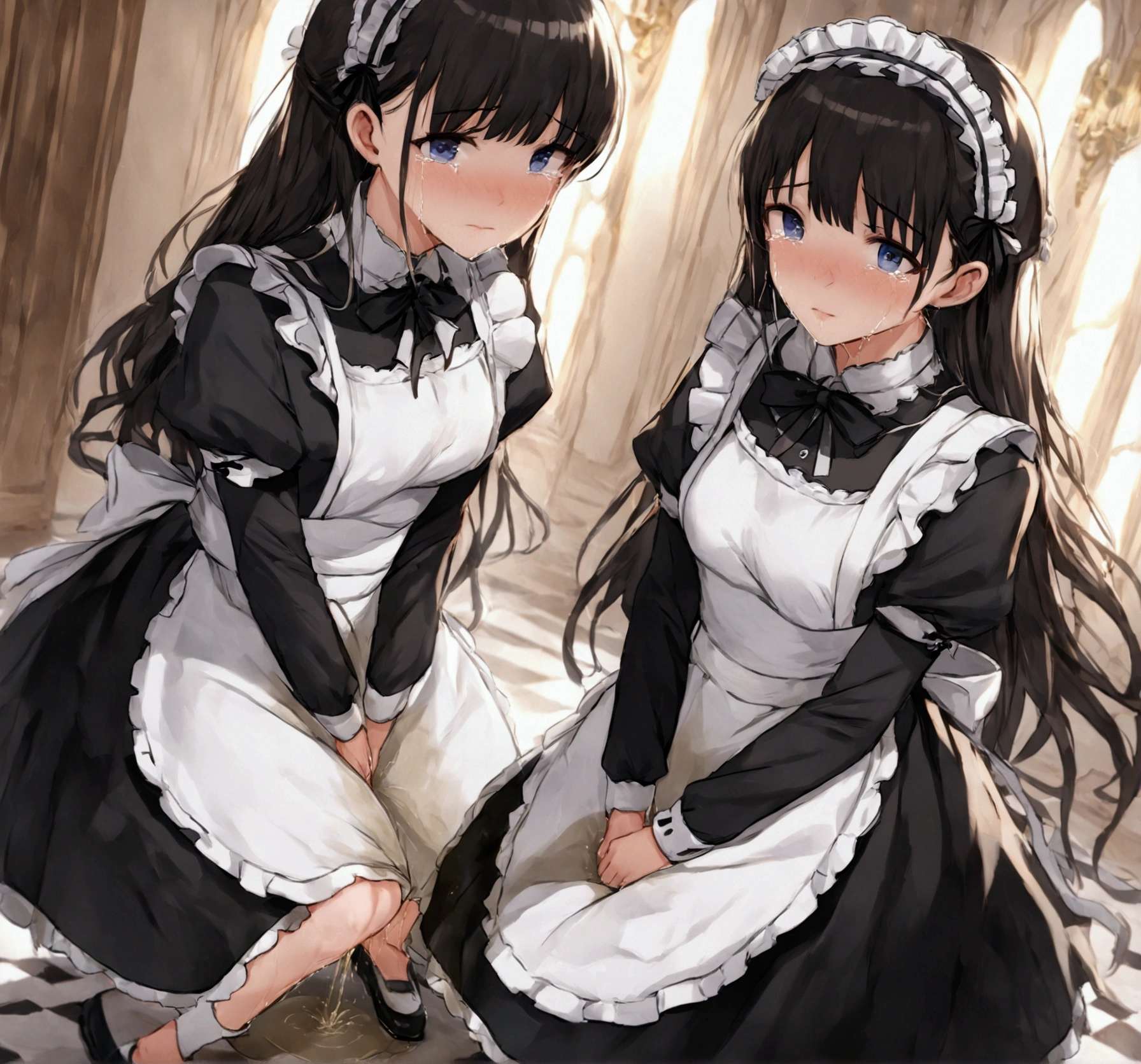 (masterpiece, Best quality, 8 K, Sharp Focus, depth of field, BEST SHADOWS, Perfect light, HDR, realistic skin texture, Ultra detailed Background, detail), anime style, harem. 2 girls. Maids. long hair. beautiful eyes, Perfect eyes, expressive eyes, beautiful nose, perfect facial features, Ideal anatomical body. beautiful long legs. Maids uniform. medium breast, beautiful breasts. Girls cant stand straight. knees together, feet apart. They want to pee, they need to pee. They have a strong, desperate to pee They keep their hands on the crotch. They squeeze their crotches tightly. They rub their crotches. . They pee for themselves. They pee in panties. They piss on the floor. 2 girls peed while standing. Redness, Embarrassment. Offensively, There are tears in my eyes. Theyre crying. full length, in the whole body. Hall of the mansion.
