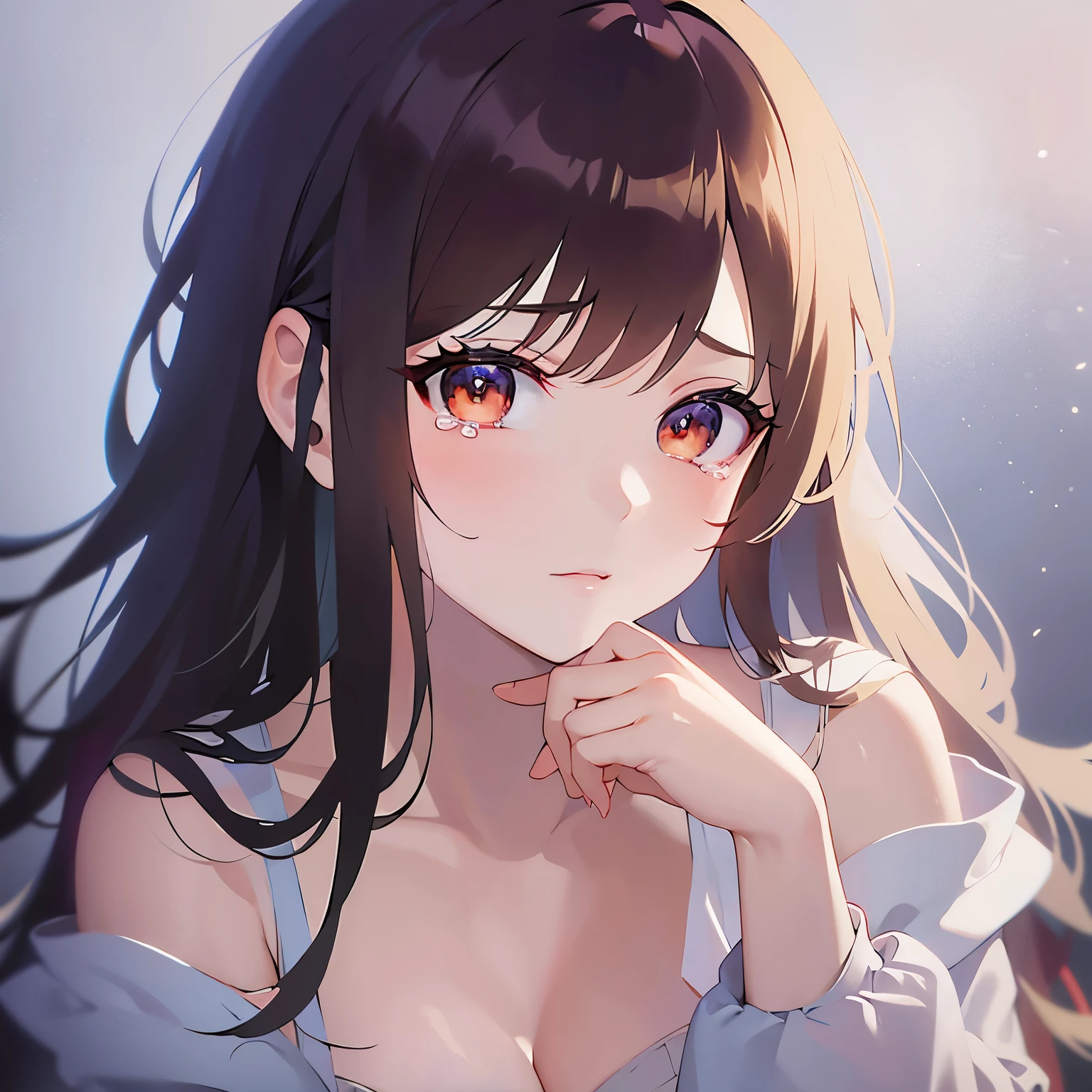 hand on own mouth, Cleavage、Close-up of your face、(pale skin: 1.2), shiny skin, shiny hair、(A 25-year-old woman with medium-length hair and bangs) and (wavy hair) and (brown hair) and (orange eyes) , (white) and (off shoulder dress) 、sad, (tears:1.2), The background is the night starry sky、Alone、Are standing