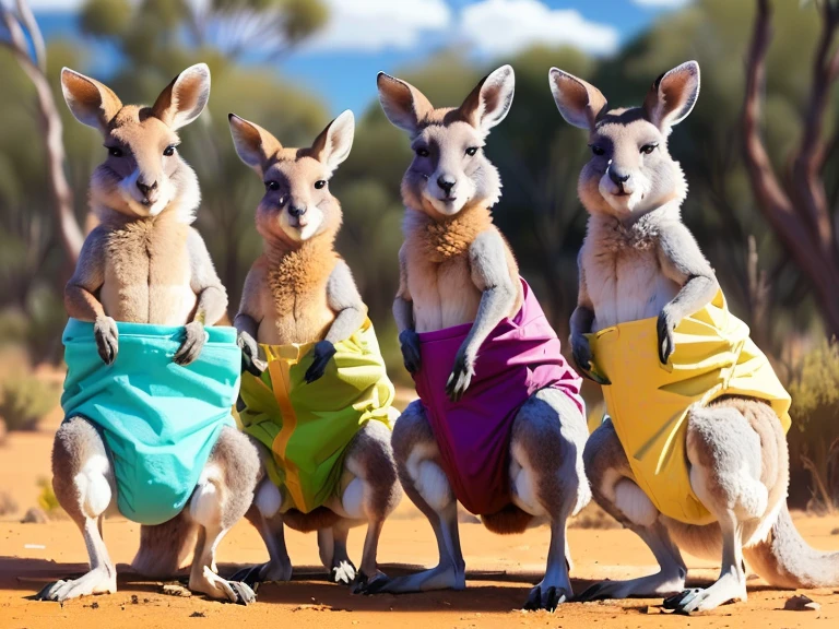 three kangaroos wearing colorful clothes standing on a dirt ground, kangaroos, australian, subject : kangaroo, subject: kangaroo, spy kangaroo, in australia, on a hot australian day, australia, kangaroo, a hyper realistic, brightly coloured, shutterstock, pete davidson walking a kangaroo, zootopia style, looks realistic, in the australian outback, in the australian desert, colourful