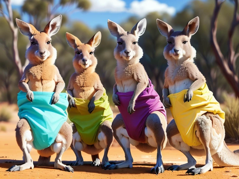 three kangaroos wearing colorful clothes standing on a dirt ground, kangaroos, australian, subject : kangaroo, subject: kangaroo, spy kangaroo, in australia, on a hot australian day, australia, kangaroo, a hyper realistic, brightly coloured, shutterstock, pete davidson walking a kangaroo, zootopia style, looks realistic, in the australian outback, in the australian desert, colourful