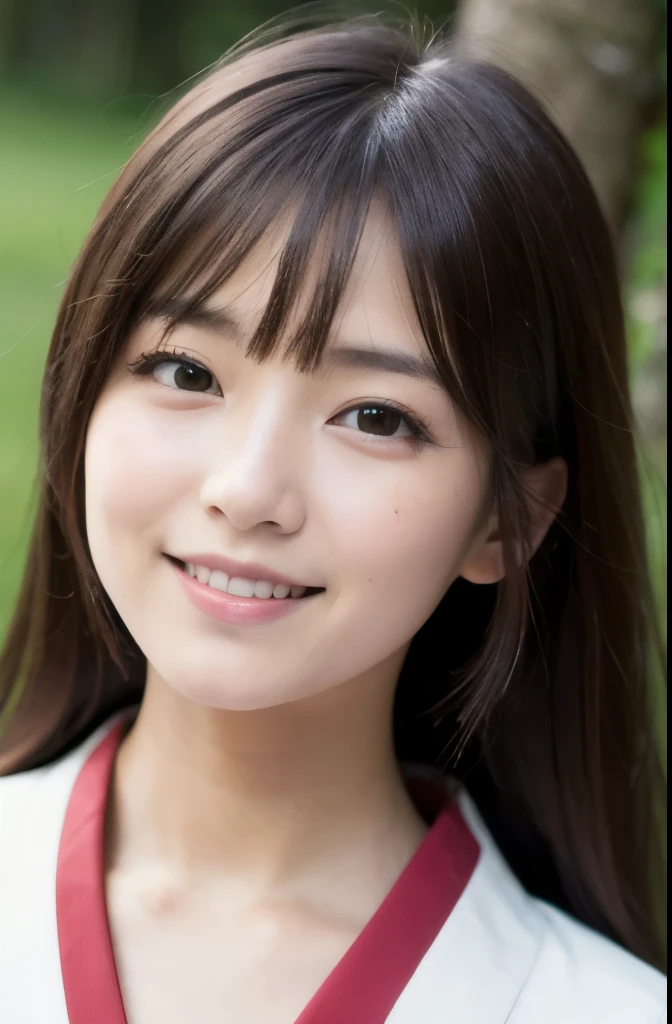 best quality, face focus, soft light, ultra high res, (photorealistic:1.4), RAW photo,(Shinozaki Ai),
1japanese girl, solo, cute, kawaii, smile, (pupil, lights in the eyes),  detailed beautiful face, (busty),(high resolution detail of human skin texture),(long hair),(portrait), chest up, white traditional kimono, in the forest,