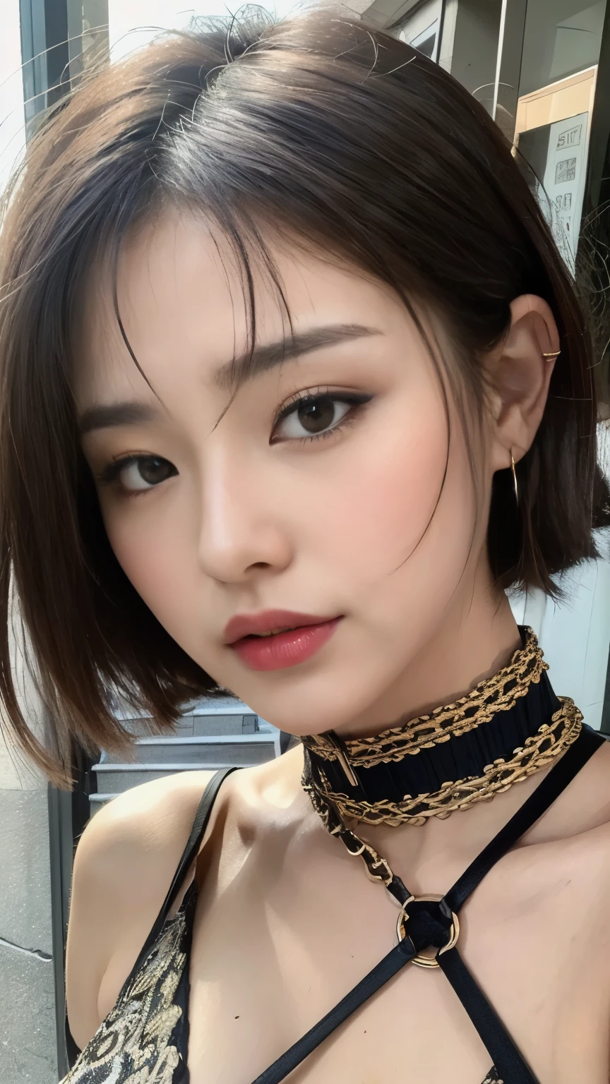 ((Highest quality, 8k, masterpiece: 1.3)), Sharp focus: 1.2, Beautiful woman with perfect figure: 1.4, Slim Abs: 1.2, ((Layered Cut, big: 1.2)), (rain, street: 1.2), Wet body: 1.5, Highly detailed face and skin texture, Detailed eyes, double eyelid, Very short hair, studio, BDSM, slave, Black corset, bondage, collar