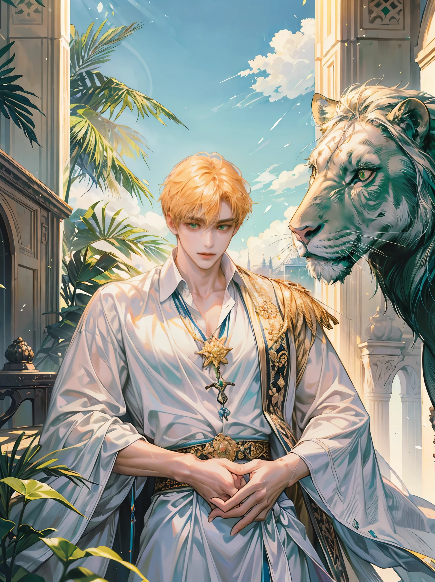 The resurrected figure of Roman Emperor Constantine I "The Great". Modern. A man in his 20s. A hard-working and talented businessman. Soft hair. Warm colored hair. A lively look. A gentle smile. He is warm-hearted but resolute. Eyes like the eyes of a lion. Bright and sharp eyes. broad shoulders. thick neck Stylish appearance. I'm wearing resort wear. he is looking up at the blue sky. Background of Istanbul, Turkey. Early summer before vacation. water. green. A refreshing breeze is blowing. Delicate and elegant. Elegant and luxurious. Detailed and exquisite. concept art. Super high quality. Super high quality. A super masterpiece. Super beautiful.