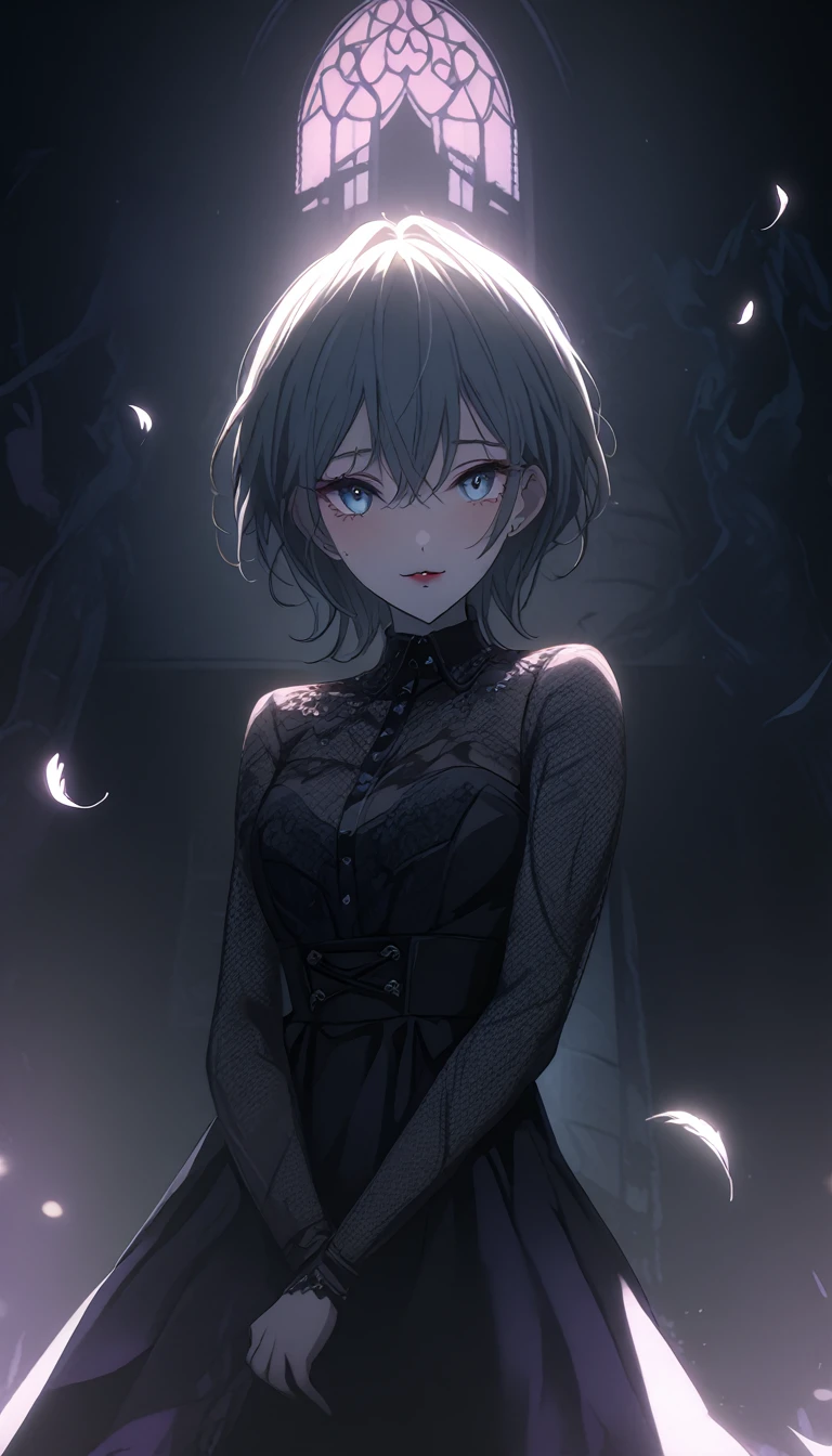 (Dark atmosphere,Gothic Fashion,Bright colors),(Highest quality,Super exquisite item,),Sexy Goth Vampire Girl,In the rose garden at night,Beautiful and delicate eyes,Black straight ponytail with blue tip,Crow's feathers,Red lipstick,Drooping eyes、Tears、Slightly thick and plump lips、Long blonde、Blue Eyes、Big Breasts、Big Ass、She looks soft and gentle but、Calm older sister,Prostitute Oni,Brothel,mistresysterious Smile,Pale complexion,Fishnet tights,Black lace dress,Pointed toes give off a sexy aura,The moonlight illuminates her elegant silhouette,Soft shadows and soft highlights,Contrasting colors create a lively atmosphere,A dark and muted color palette,Subtle yet dramatic lighting effects,A combination of solemn darkness and beautiful moonlight, She is tall and mature