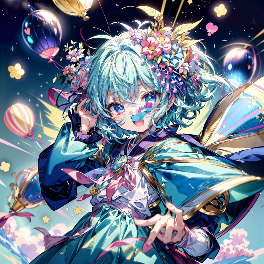 Absurd、Little男の子、(((Highest quality、Masterpiece、Award-winning works、The best dynamic composition、Super detailed、Anime Style、Perfect ???????)))、Little、cute、Flying in the sky with lots of balloons、Wearing a blue costume、cute、Little、Heartwarming、kawaii tech,