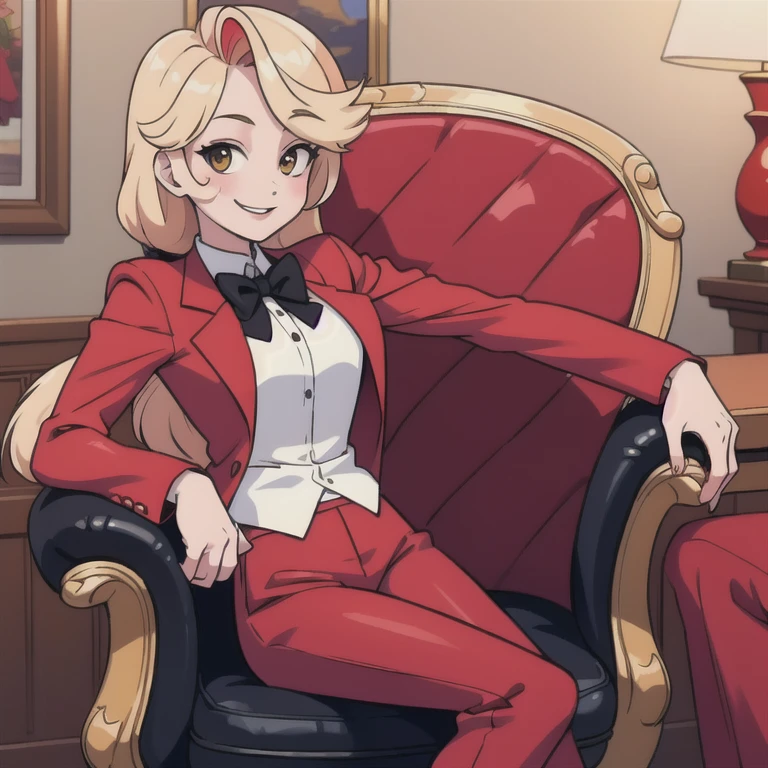 (masterpiece, best quality:1.2), solo, 1girl, charlie morningstar, smile, looking at viewer, sitting in an armrest chair, long hair, red suit, red pants, hotel