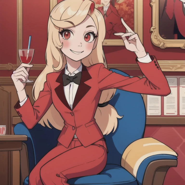 (masterpiece, best quality:1.2), solo, 1girl, charlie morningstar, smile, looking at viewer, sitting in an armrest chair, long hair, red suit, red pants, hotel
