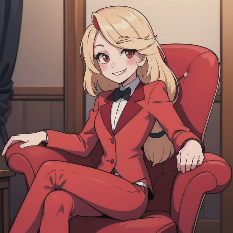 (masterpiece, best quality:1.2), solo, 1girl, charlie morningstar, smile, looking at viewer, sitting in an armrest chair, long hair, red suit, red pants, hotel