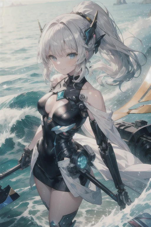 ((masterpiece,High resolution,8K quality,Highest quality)),One Girl,((Highly detailed face))Delicate eyes,((Hairstyle on:Wave Semi-Long,白髪とSilver Hair,Hair turns silver when exposed to light)),Smiling graciously,Natural skin color,Summer cheerfulness,Reflective water surface,Big ample breasts,Light of the sun,((Water brilliance,White sand beach,))、Shining Eyes、Silver Hair、Beautiful light blue eyes、ponytail、The cutest in the world、Smiling but with a small mouth、high school student、Long Hair、The hair is very fine、A little transparent、Miraculous Beautiful Girl、The Lonely Princess、Height: 170cm、long hair、Mechanical Wing、A diamond-shaped ring is floating above his head、cyborg、He has a big scythe、Combat Mobile、Cool equipment、Get rid of the haze、Beautiful standing posture