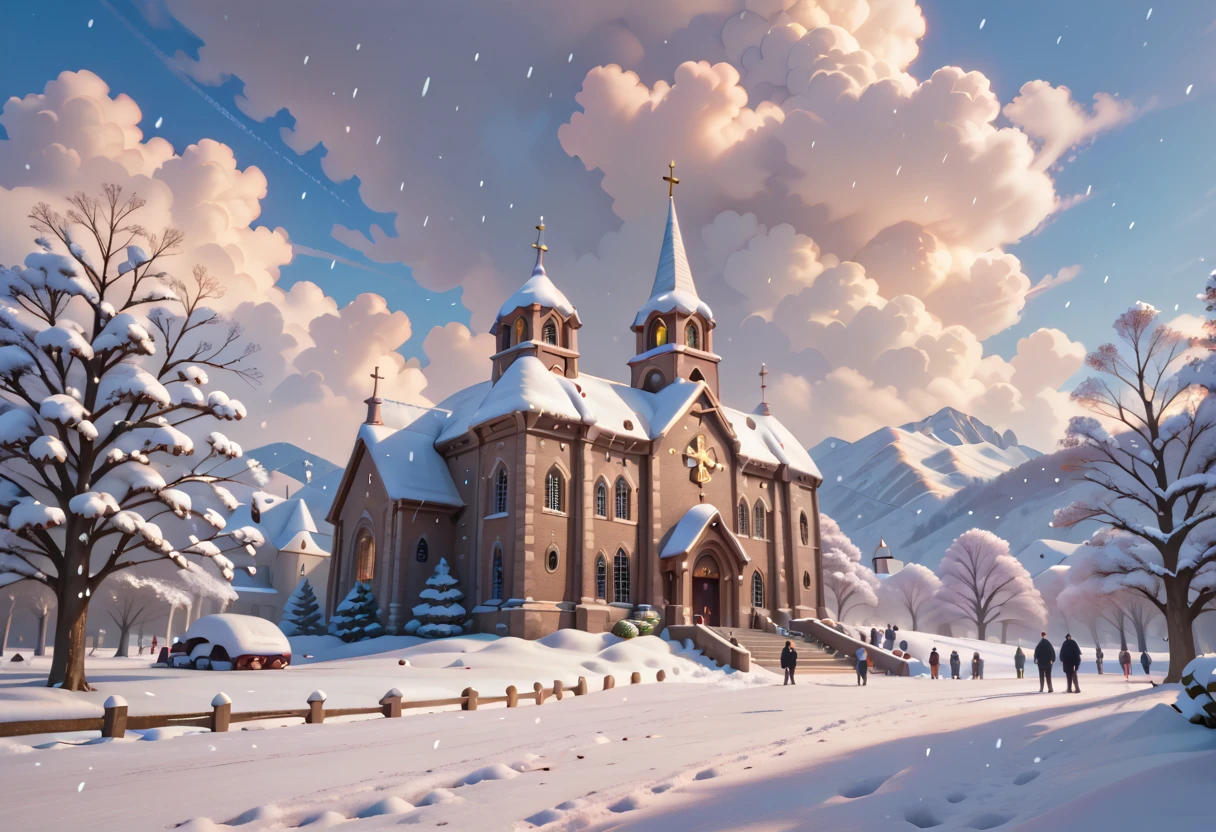 white church, snow, snowfall, snowing, prairie, winter landscape, masterpiece quality, ultra HD, 4K, best quality