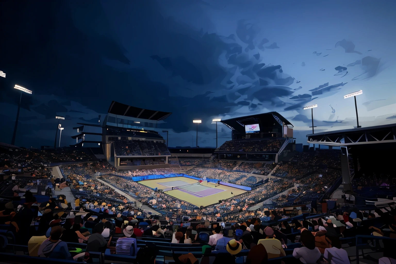 vector illustration of tennis stadium, night time, vector, flat,