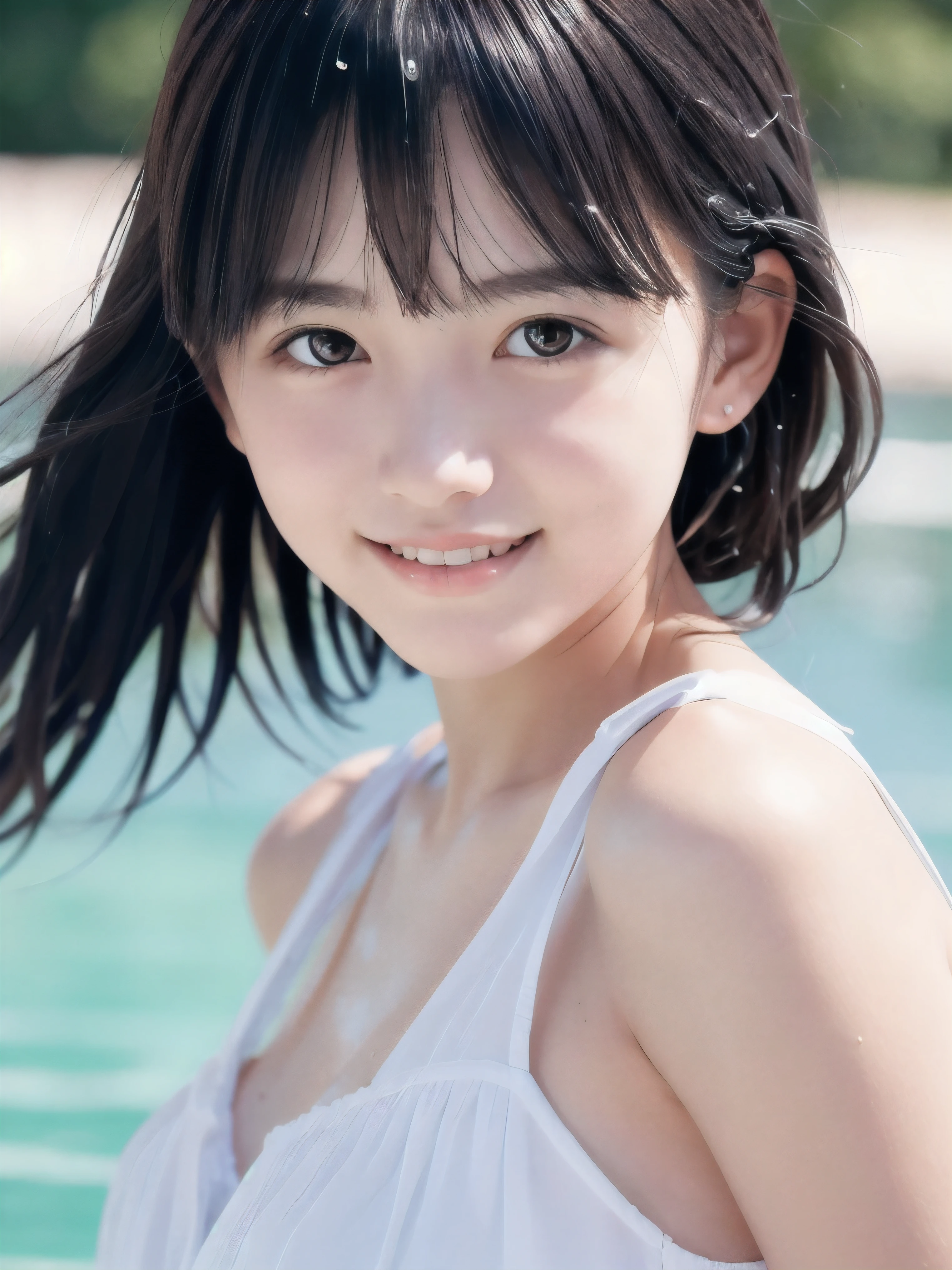 (Close up portrait of slender small-breasted two side up black medium hair with bangs girl wearing a white summer dress:1.5)、(One girl is playing with big smile under the water shower at the park in Japan:1.5)、(Summer beautiful blue sky:1.5)、(blurred background:1.5)、(8k ultra detailed master piece:1.5)、(perfect anatomy:1.5)、(Photorealistic stick:1.5)、(Raw photo:1.3)、(highest quality:1.5)、(High resolution:1.3)、(Delicate and beautiful perfect face:1.3)、(Delicate and beautiful eye air skin:1.3)、(Real Human Skin:1.3)、((thin legs))