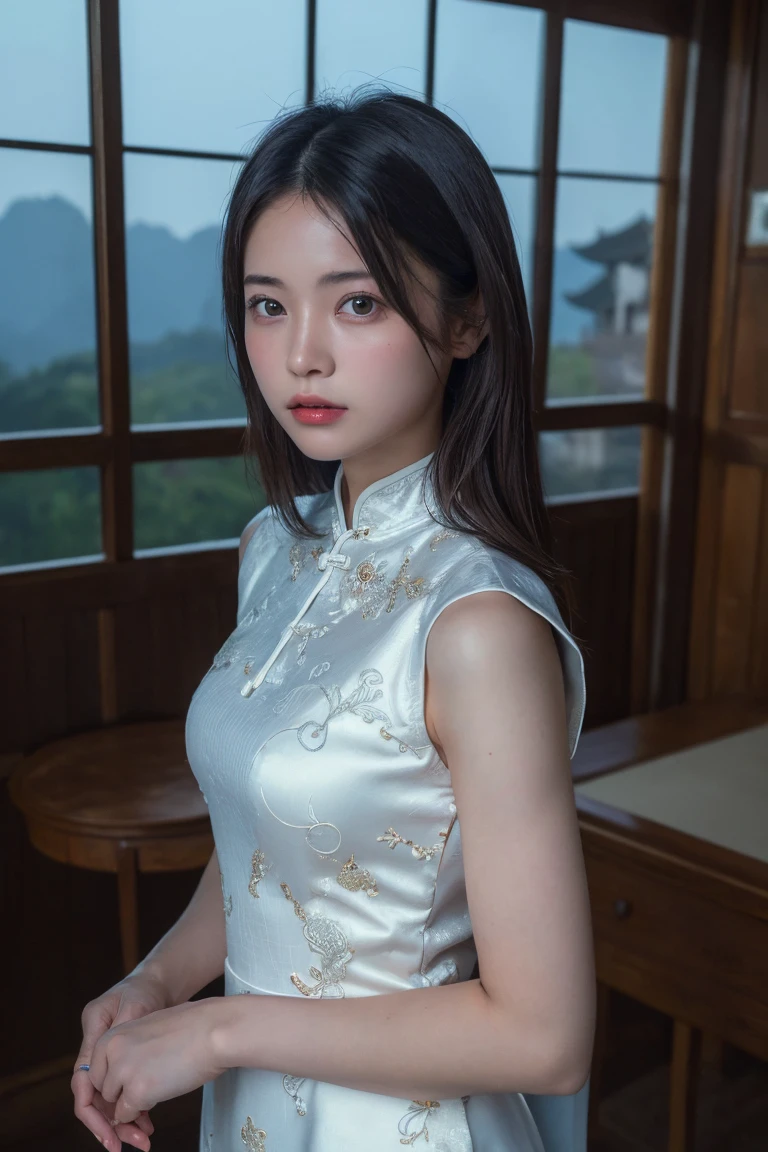 (Highest quality:1.4),(masterpiece:1.4),(Realistic:1.4),(Realistic:1.2),(超High resolution, RAW Photos:1.4),(High resolution, Very detailed:1.2),(8k:1.2),Movie Photos,a photo of a dark-haired,One Girl,alone,wear ,((China dress))、((Upper Body:1.3))