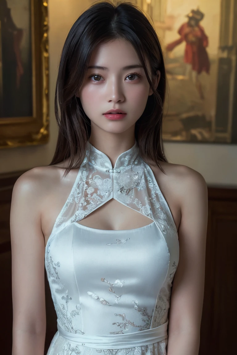 (Highest quality:1.4),(masterpiece:1.4),(Realistic:1.4),(Realistic:1.2),(超High resolution, RAW Photos:1.4),(High resolution, Very detailed:1.2),(8k:1.2),Movie Photos,a photo of a dark-haired,One Girl,alone,wear ,((China dress))、((Upper Body:1.3))