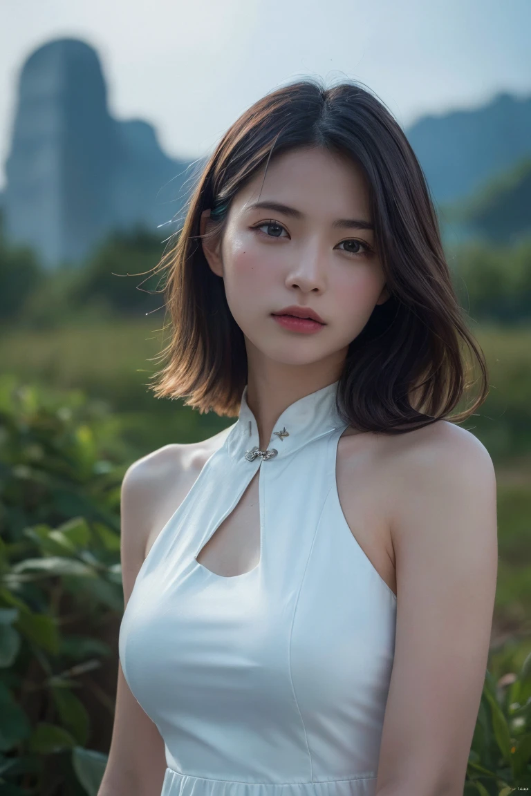 (Highest quality:1.4),(masterpiece:1.4),(Realistic:1.4),(Realistic:1.2),(超High resolution, RAW Photos:1.4),(High resolution, Very detailed:1.2),(8k:1.2),Movie Photos,a photo of a dark-haired,One Girl,alone,wear ,((China dress))、((Upper Body:1.3))