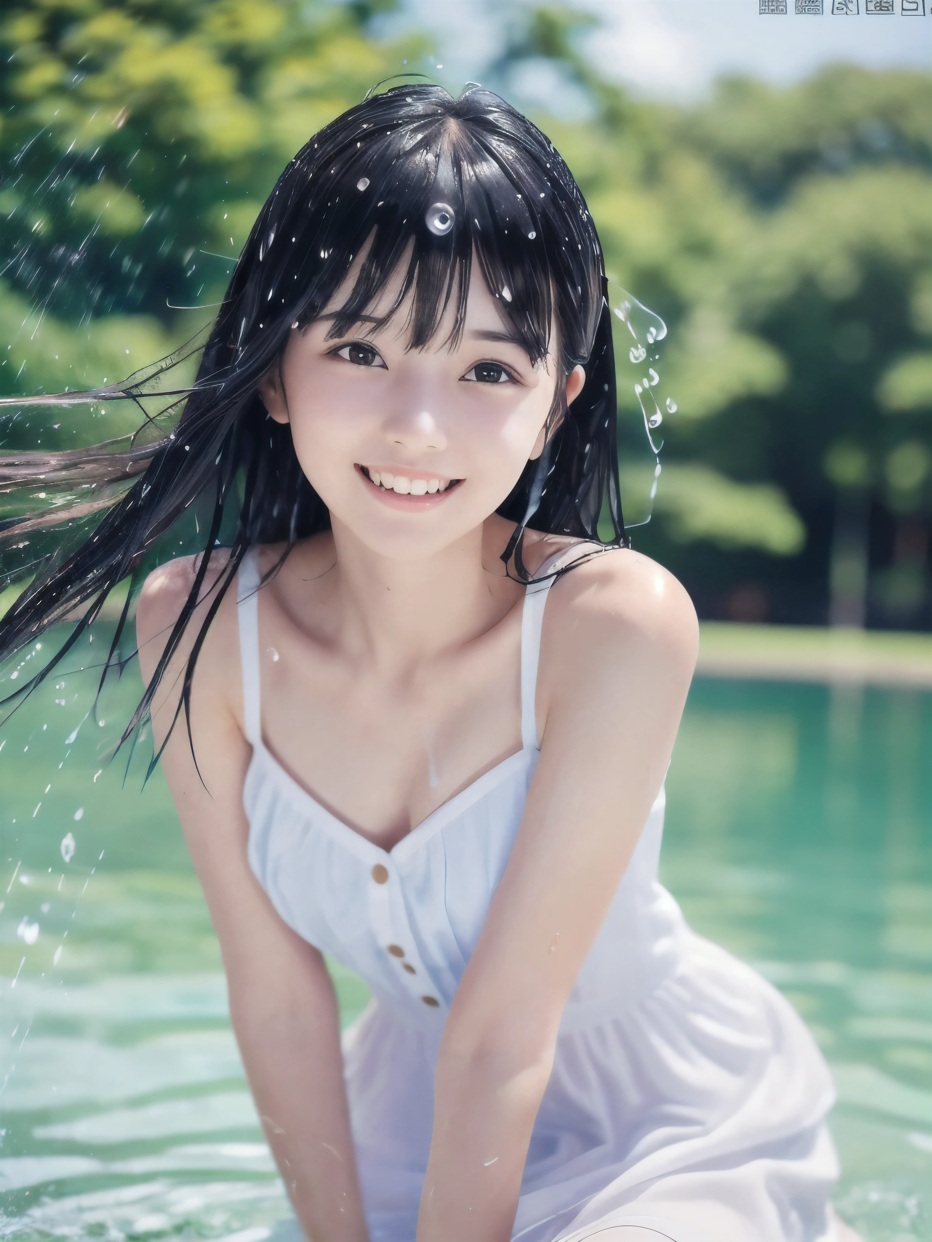 (Close up portrait of slender small-breasted two side up black medium hair with bangs girl wearing a white summer dress:1.5)、(One girl is playing with big smile under the water shower at the park in Japan:1.5)、(Summer beautiful blue sky:1.5)、(blurred background:1.5)、(8k ultra detailed master piece:1.5)、(perfect anatomy:1.5)、(Photorealistic stick:1.5)、(Raw photo:1.3)、(highest quality:1.5)、(High resolution:1.3)、(Delicate and beautiful perfect face:1.3)、(Delicate and beautiful eye air skin:1.3)、(Real Human Skin:1.3)、((thin legs))