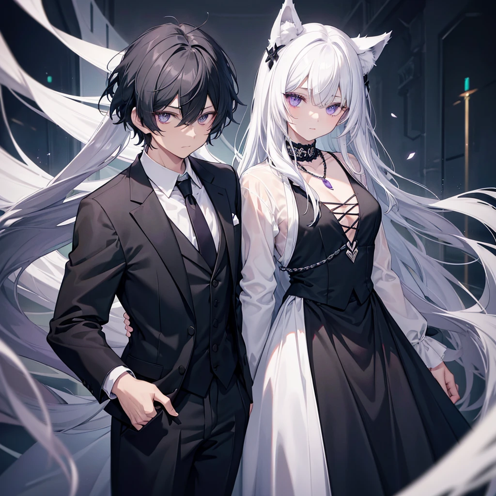 A light black color hair man with wolf ears. 
Left eye darkish green and right eye is purple.
A serious character with low self esteem. 
Wears formal dress(suit) and has a small necklace that have a 2 wolf and looks like yinyang 
A singer 