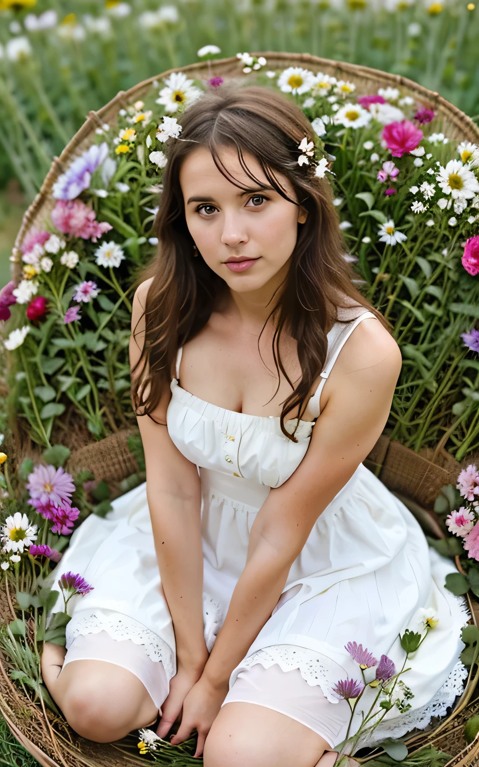 dark haired woman in a white dress sitting dans un champ de fleurs, sitting dans un champ de fleurs, dans un champ de fleurs, Dans un champ fleuri, portrait de jeune fille dans un champ de fleurs, fille assise dans un champ de fleurs, a goddess dans un champ de fleurs, parmi les grains de café et les fleurs, fille dans un champ de fleurs, standing Dans un champ fleuri