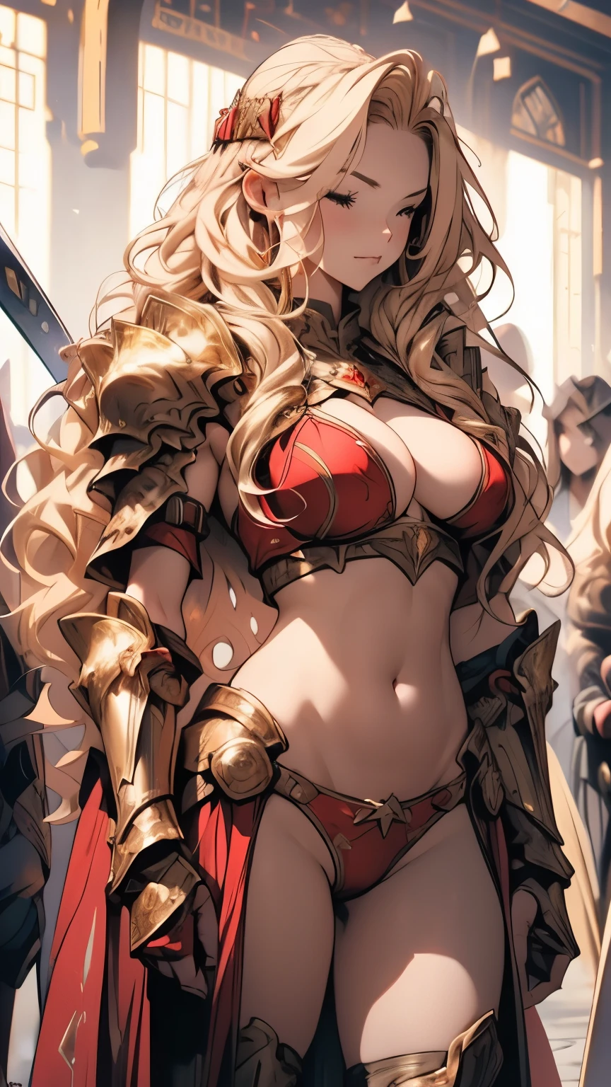 Golden wavy long hair、Sleepy expression、Embarrassing、female knight、Red metallic bikini、Gold Armor、(Huge breasts、Underideboob)、Absolute area、Camel toe、Belly button、NSFW、Shooting from below、sword