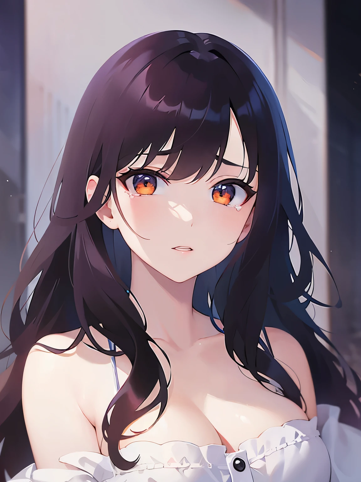 hand on own mouth, Cleavage、Close-up of your face、(pale skin: 1.2), shiny skin, shiny hair、(A 25-year-old woman with medium-length hair and bangs) and (wavy hair) and (brown hair) and (orange eyes) , (white) and (off shoulder dress) 、sad, (tears:1.2), The background is the night starry sky、Alone、Are standing