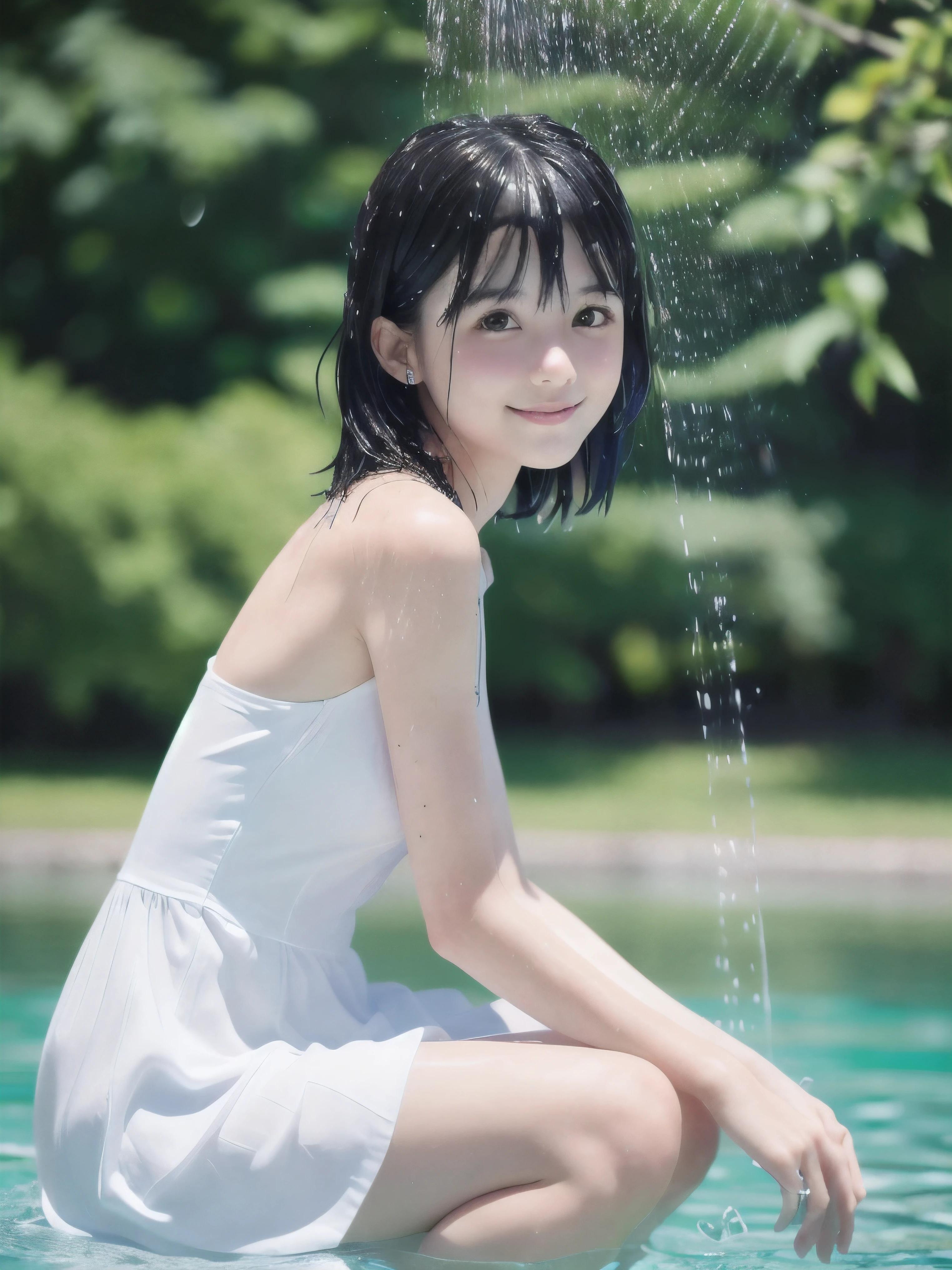 (Close up portrait of slender small-breasted two side up black medium hair with bangs girl wearing a white summer dress:1.5)、(One girl is playing with small smile under the water shower at the park in Japan:1.5)、(Summer beautiful blue sky:1.5)、(blurred background:1.5)、(8k ultra detailed master piece:1.5)、(perfect anatomy:1.5)、(Photorealistic stick:1.5)、(Raw photo:1.3)、(highest quality:1.5)、(High resolution:1.3)、(Delicate and beautiful perfect face:1.3)、(Delicate and beautiful eye air skin:1.3)、(Real Human Skin:1.3)、((thin legs))