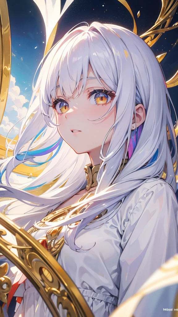 best quality, masterpiece,colorful hair, golden eyes,White clothes, look up, ,Hair,White skin,